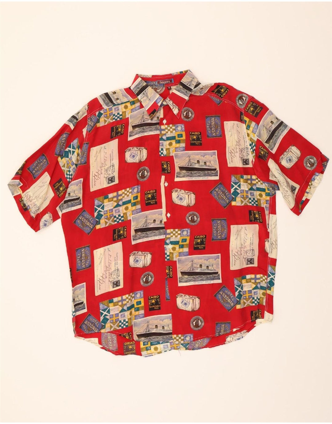 JOCKEY Mens Abstract Pattern Short Sleeve Shirt XL Red Cupro Vintage Jockey and Second-Hand Jockey from Messina Hembry 