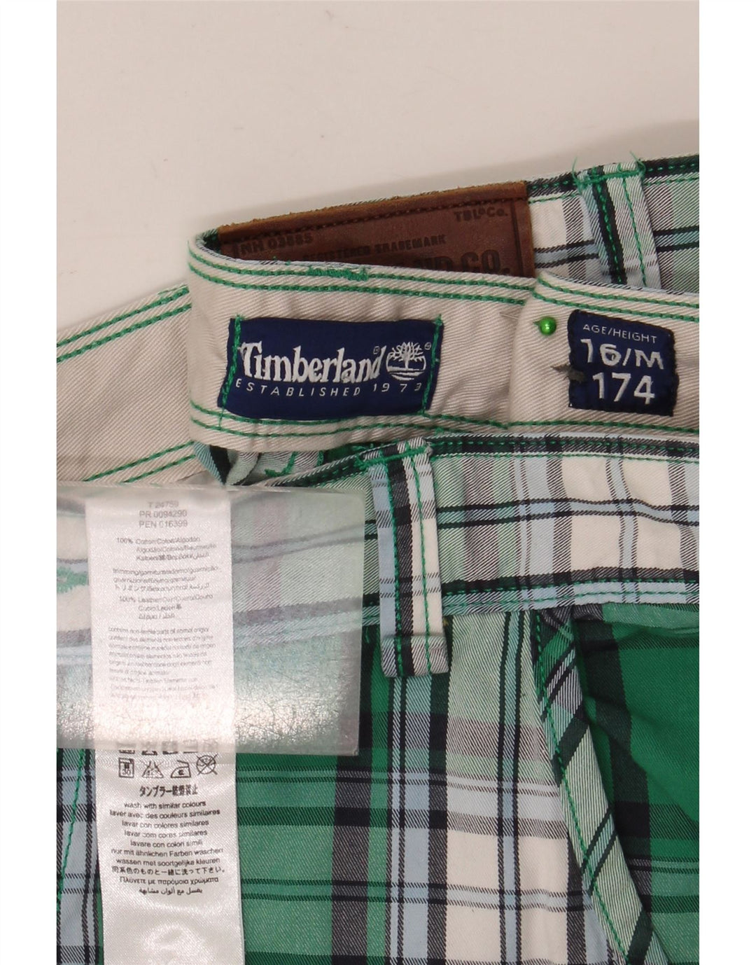 Timberland Boys Cargo Shorts 15-16 år W32 grøn ternet bomuld