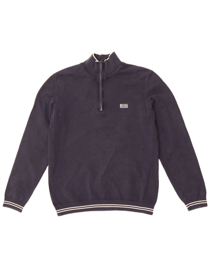 Hugo Boss Herre Zip Neck Sweatshirt Jumper Medium Navy Blue Bomuld