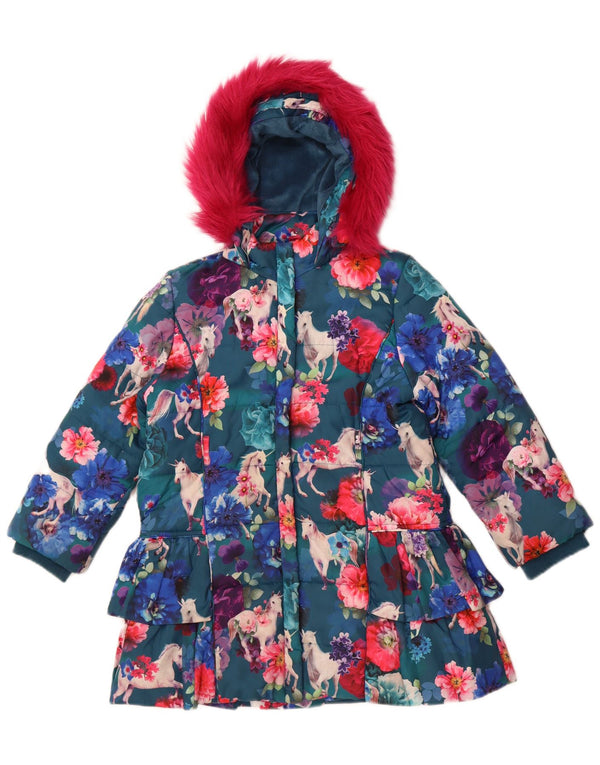Monsoon Girls hættepolstret frakke 7-8 år blå blomsterpolyester
