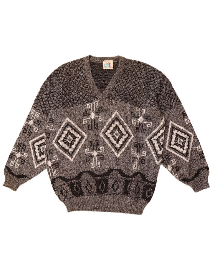 Vintage herre V-hals sweater stor grå geometrisk akryl