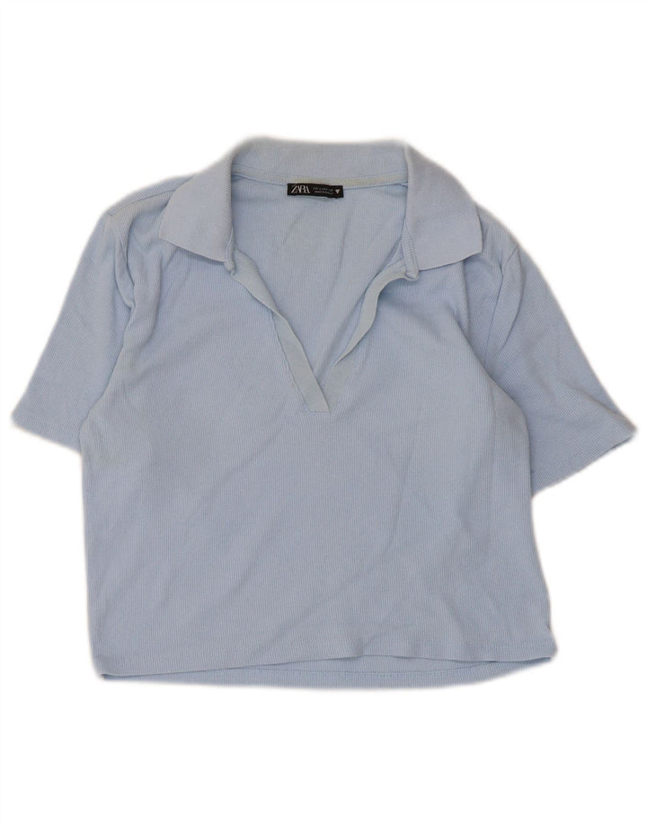 Zara Womens Crop Polo Shirt UK 14 Large Blue