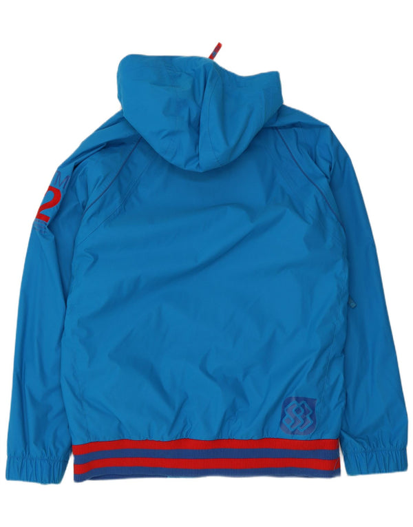 Vintage Herre grafisk hætte vindjakke UK 40 Stor blå nylon