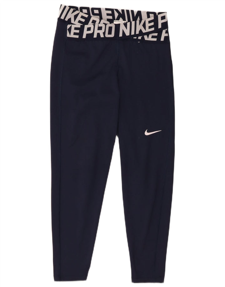 Nike Dame Dri Fit Grafiske Leggings UK 14 Medium Navy Blue Polyester