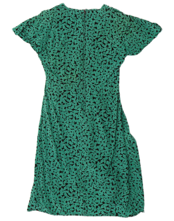 Vintage kvinders abstrakt mønster A-line kjole UK 16 Large Green Silk