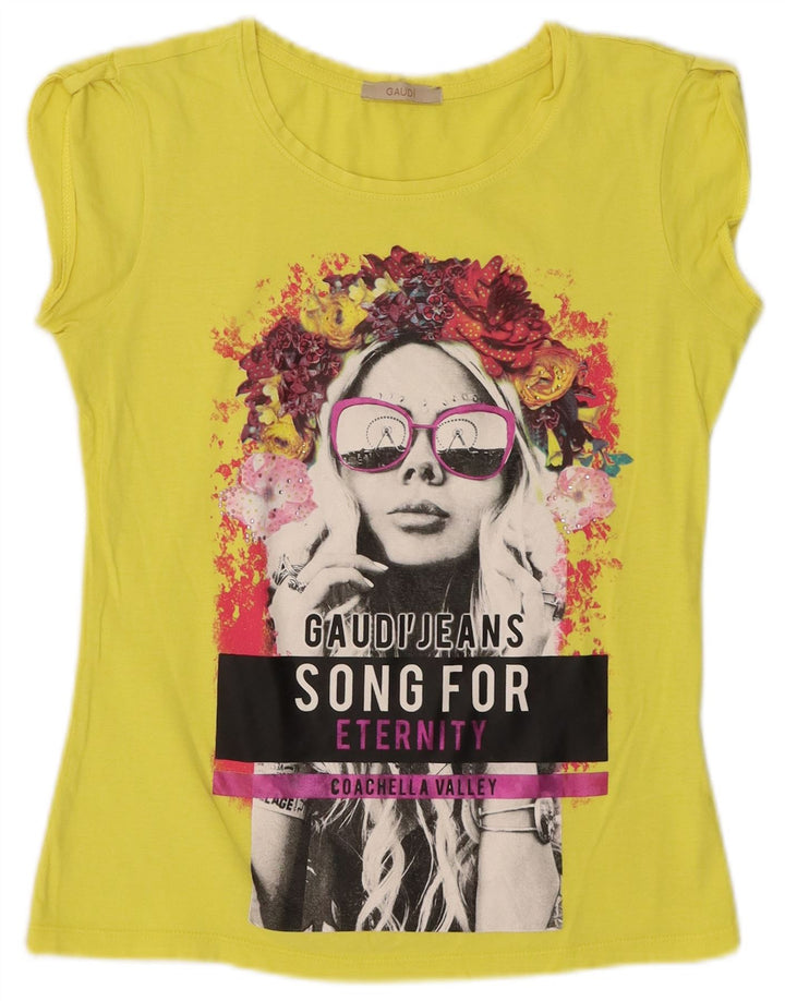 Gaudi Dame Grafisk T-Shirt Top Lille Gul Bomuld