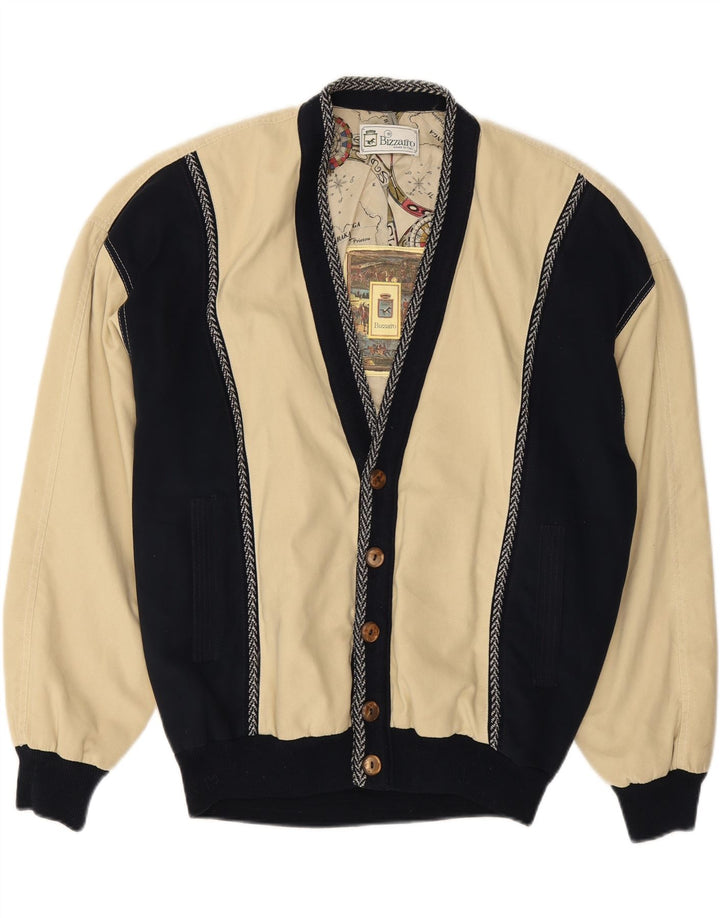 BIZZARRO Mens Cardigan Sweater IT 50 Large Beige Colourblock Polyester Vintage Bizzarro and Second-Hand Bizzarro from Messina Hembry 