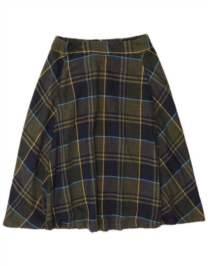 Benetton Womens Flared Skirt UK 8 Small W27 Khaki Check Viscose