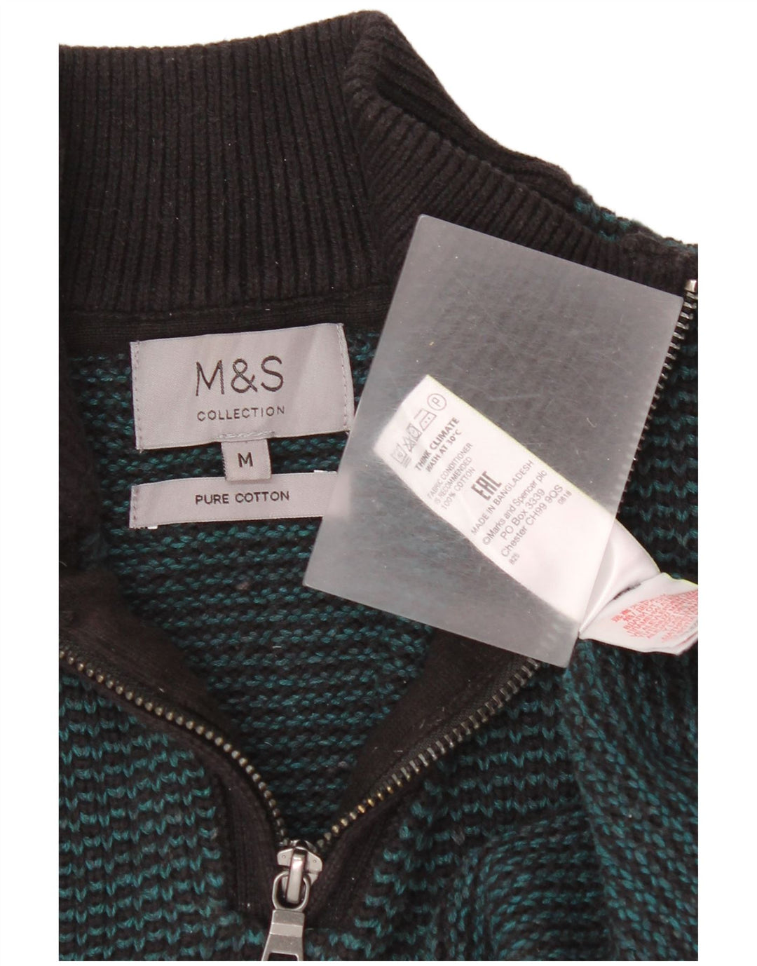 Marks & Spencer Herre sweater med lynlåshals mellemgrøn stribet bomuld