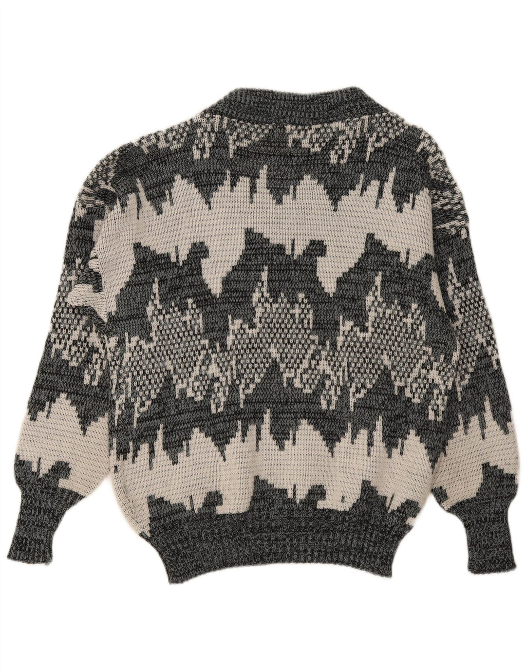 Vintage herre abstrakt mønster V-hals sweater mellemgrå geometrisk