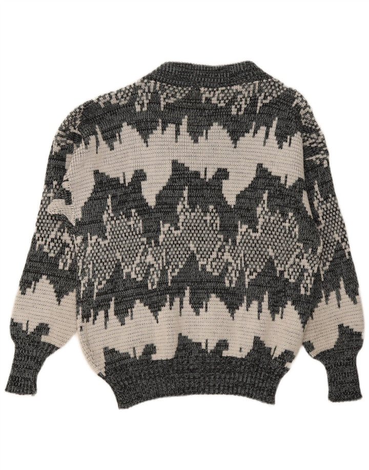 Vintage herre abstrakt mønster V-hals sweater mellemgrå geometrisk