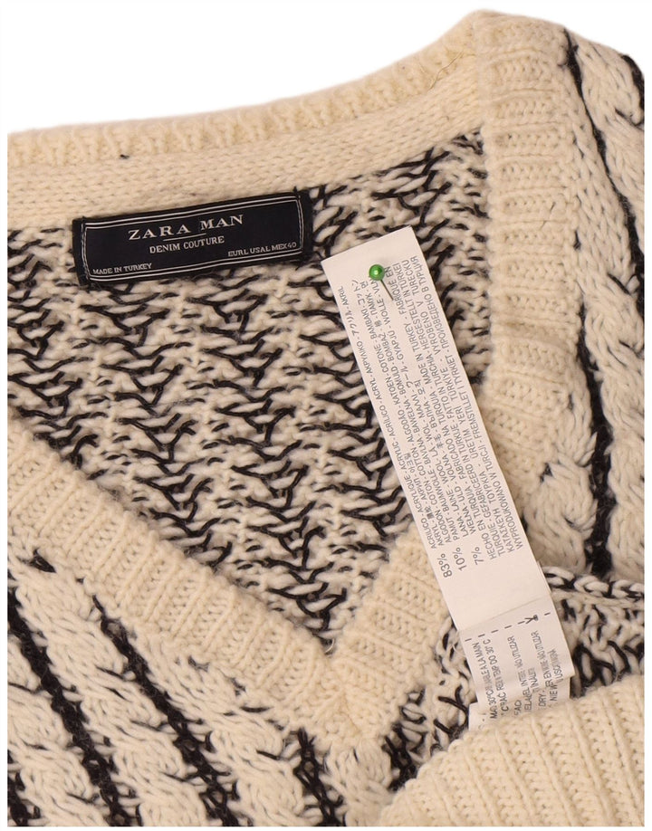 Zara Herre V-hals sweater Stor hvid stribet akryl