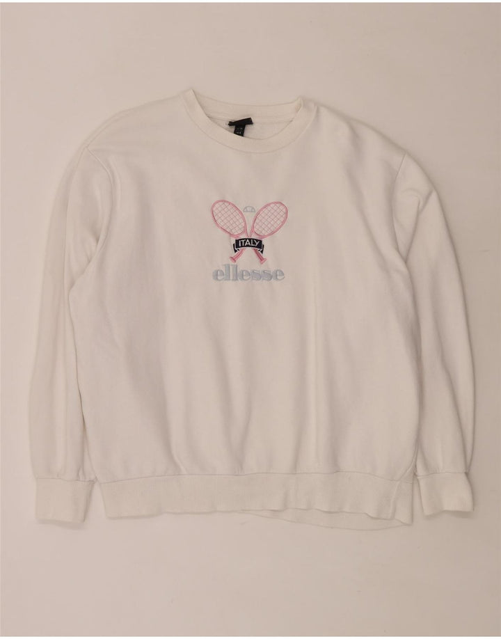 ELLESSE Dame Oversized Grafisk Sweatshirt Jumper UK 8 Lille hvid bomuld