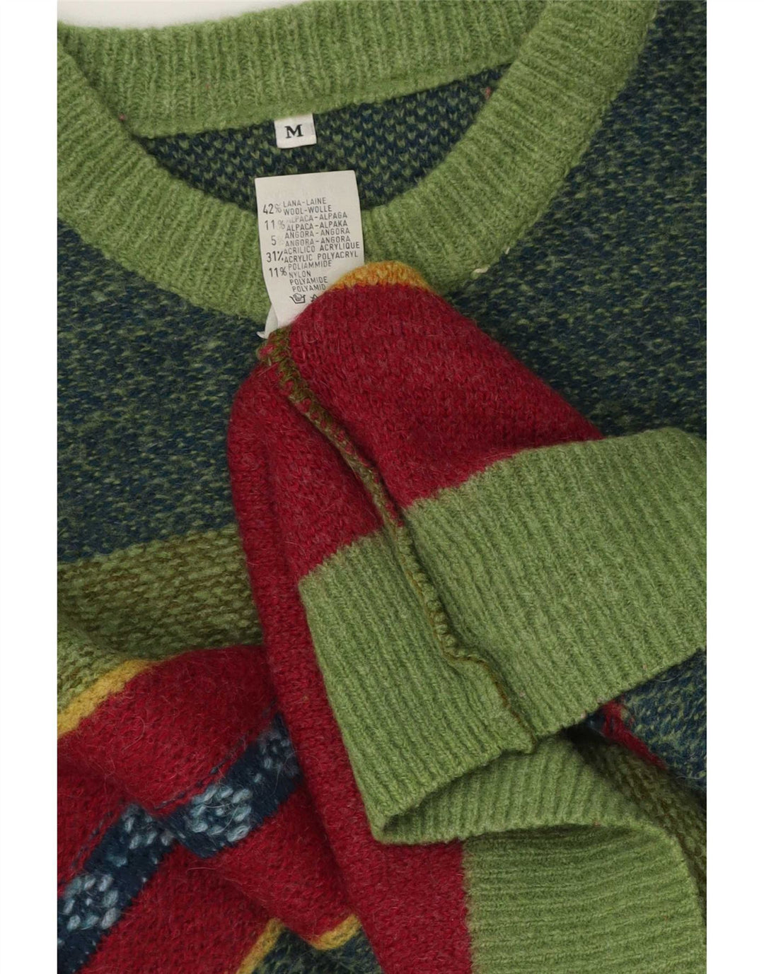 Vintage herre sweater med rund hals, mellemgrøn stribet uld