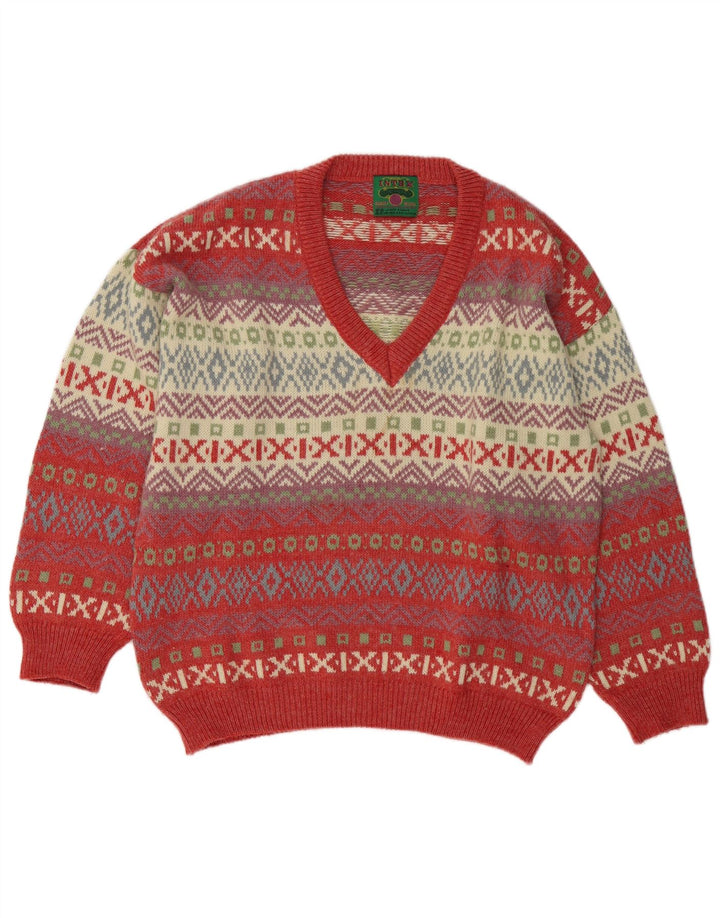 Vintage herre V-hals sweater stor flerfarvet Fair Isle uld