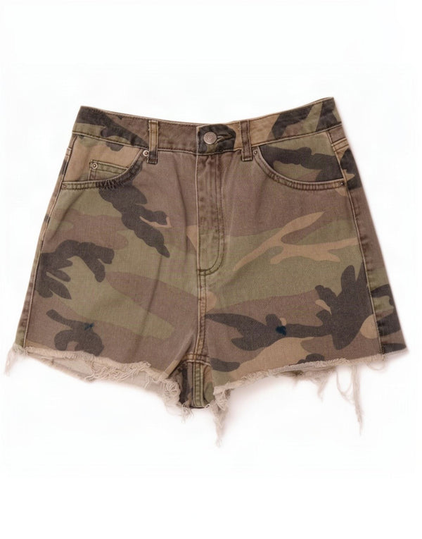 Topshop Dame Mom Denim Shorts UK 8 Small W26 Khaki Camouflage Bomuld