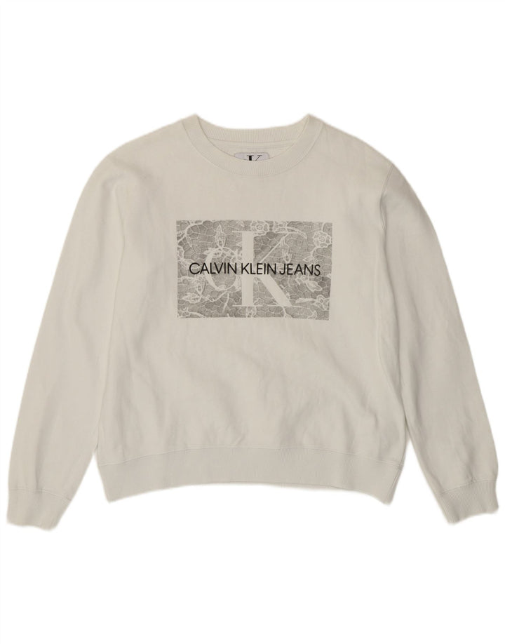 Calvin Klein Dame Grafisk Sweatshirt Jumper UK 10 Small White Bomuld