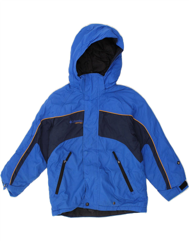 COLUMBIA Boys Hooded Windbreaker Jacket 7-8 Years Blue Colourblock Vintage Columbia and Second-Hand Columbia from Messina Hembry 