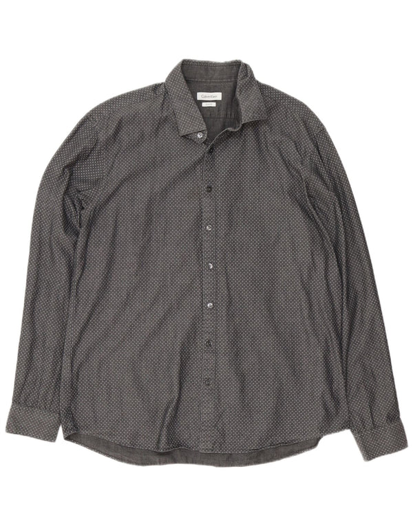Calvin Klein Herre Slim Fit Skjorte Størrelse 43 17 XL Grå Geometrisk Bomuld