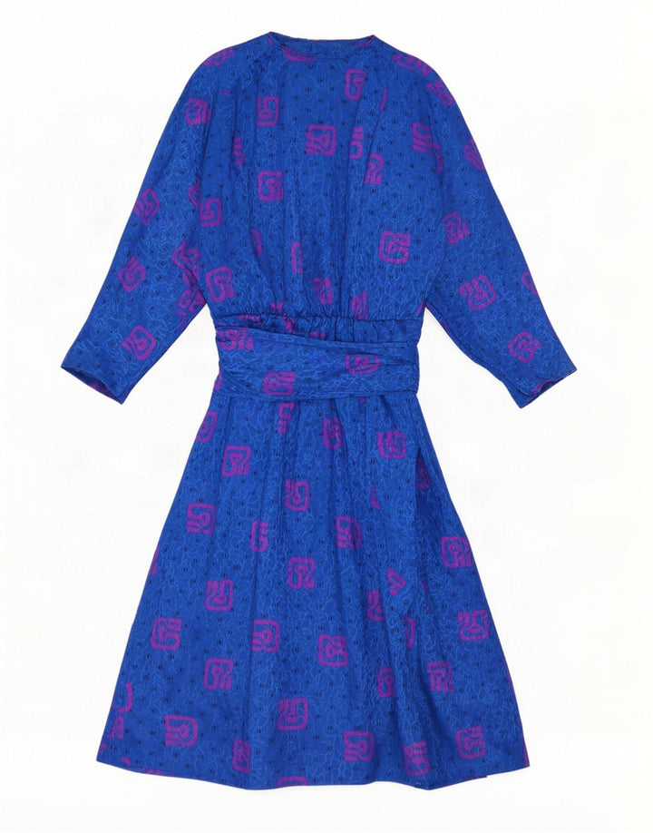 Vintage kvinders abstrakt mønster langærmet maxikjole UK 10 Small Blue