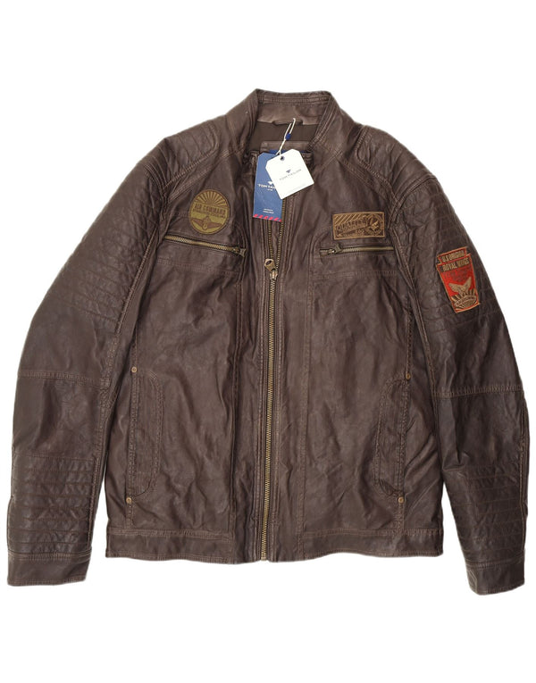 Tom Tailor Herre Racer Faux Leather Flight Aviator Jacket UK 42 XL Brun