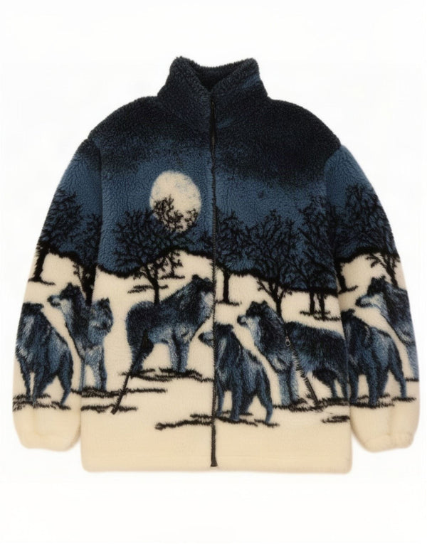 Vintage Herre grafisk fleecejakke UK 40 Large Navy Blue Animal Print