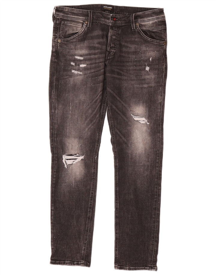 JACK & JONES Mens Distressed Slim Jeans W33 L34 Black Cotton