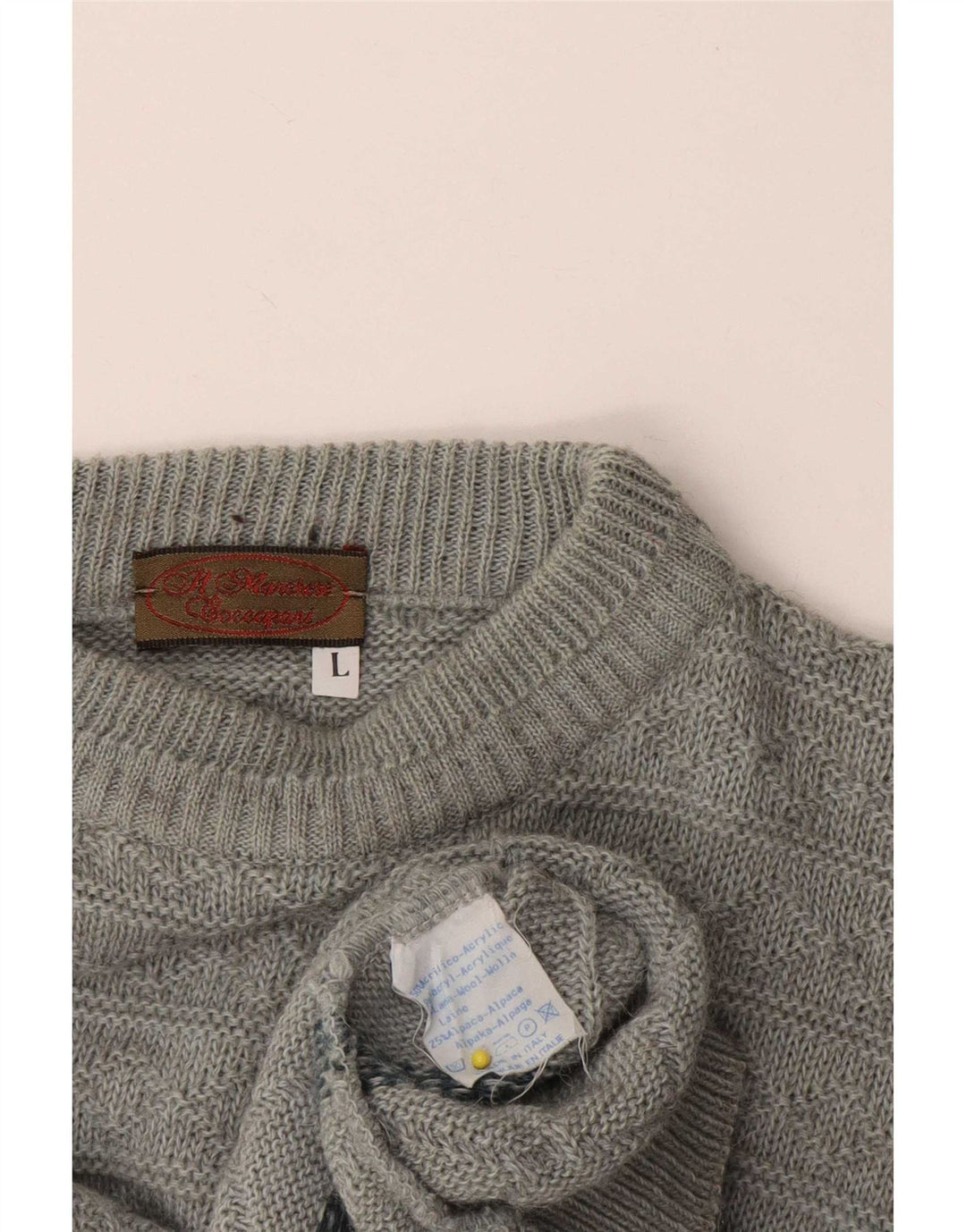 Vintage herre rund hals sweater stor grå geometrisk akryl