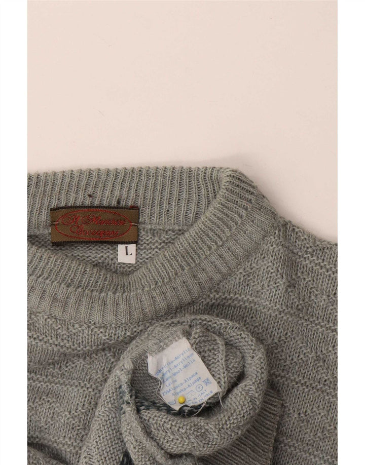 Vintage herre rund hals sweater stor grå geometrisk akryl