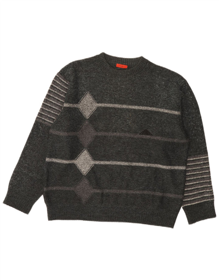 Vintage herre rund hals sweater mellemgrå geometrisk akryl