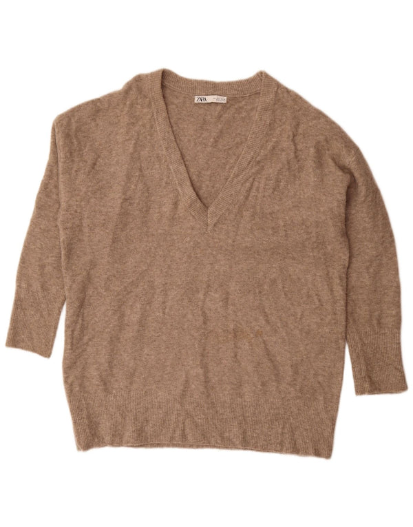 Zara Dame Oversized Longline V-hals Jumper Sweater UK 16 Stor Brun