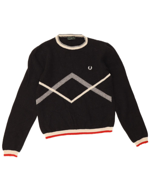 Fred Perry Dame Crop Crew Neck Jumper Sweater UK 4 XS Sort Geometrisk