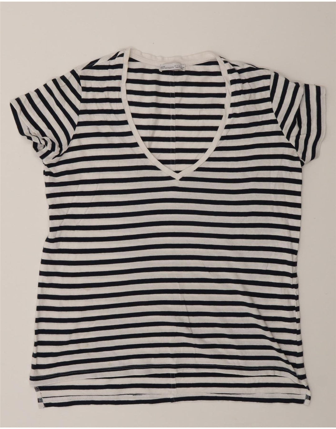 Zara Dame Oversized T-Shirt Top UK 10 Lille hvid stribet bomuld