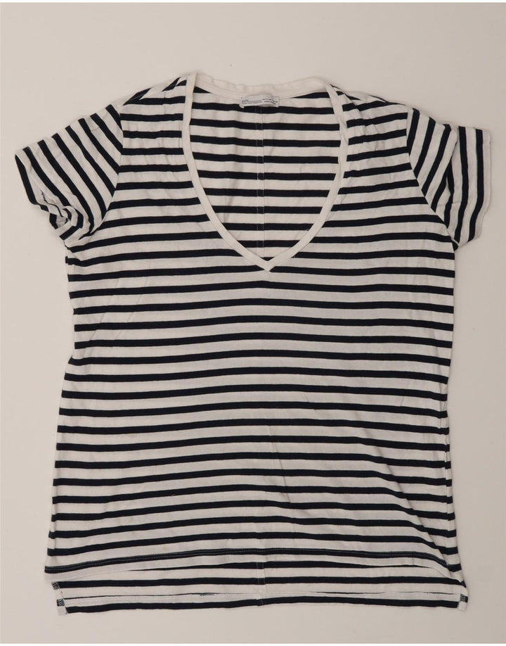 Zara Dame Oversized T-Shirt Top UK 10 Lille hvid stribet bomuld