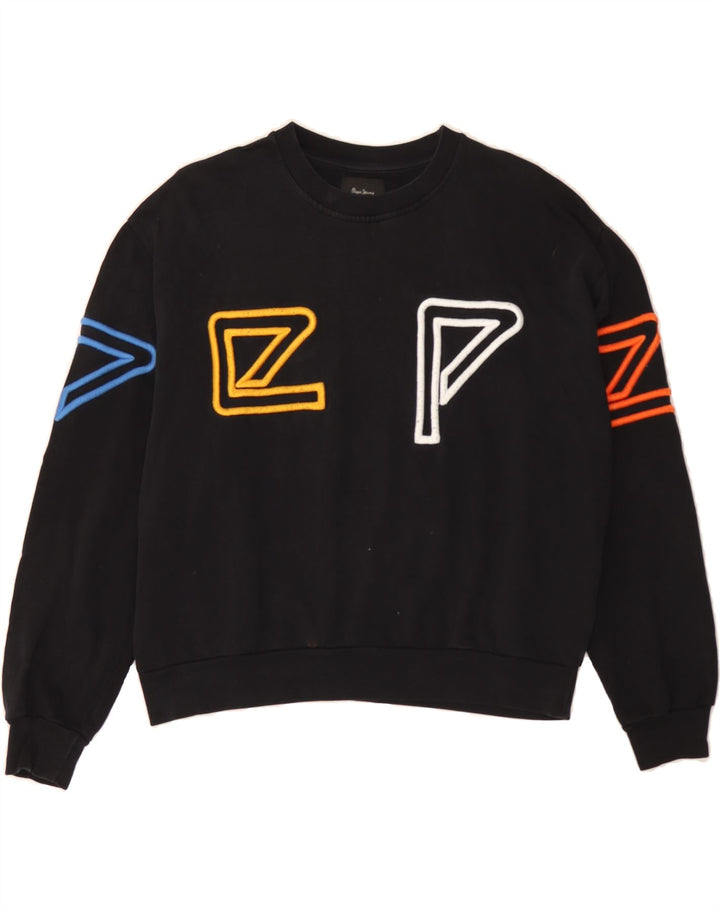 PEPE JEANS Womens Oversized Graphic Sweatshirt Jumper UK 14 Medium Black Vintage PEPE Jeans and Second-Hand PEPE Jeans from Messina Hembry 