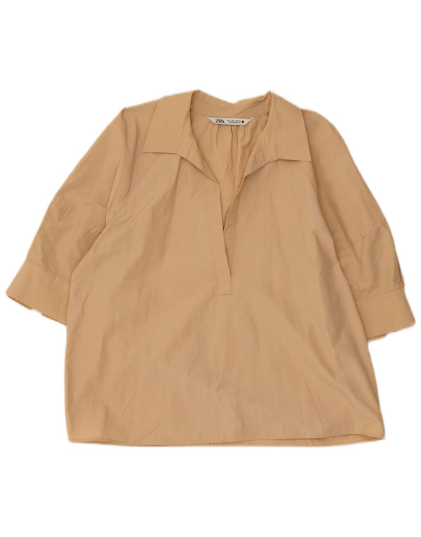 Zara Dame Bluse Top UK 16 Stor Beige Bomuld