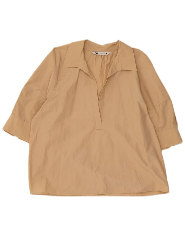 Zara Dame Bluse Top UK 16 Stor Beige Bomuld