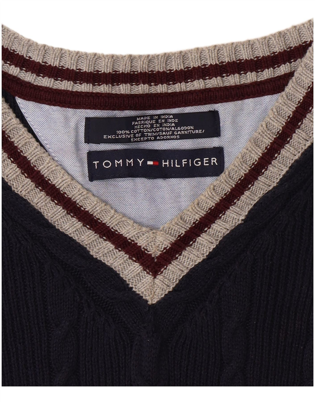 TOMMY HILFIGER Herre V-hals sweater XL Marineblå Colourblock Bomuld