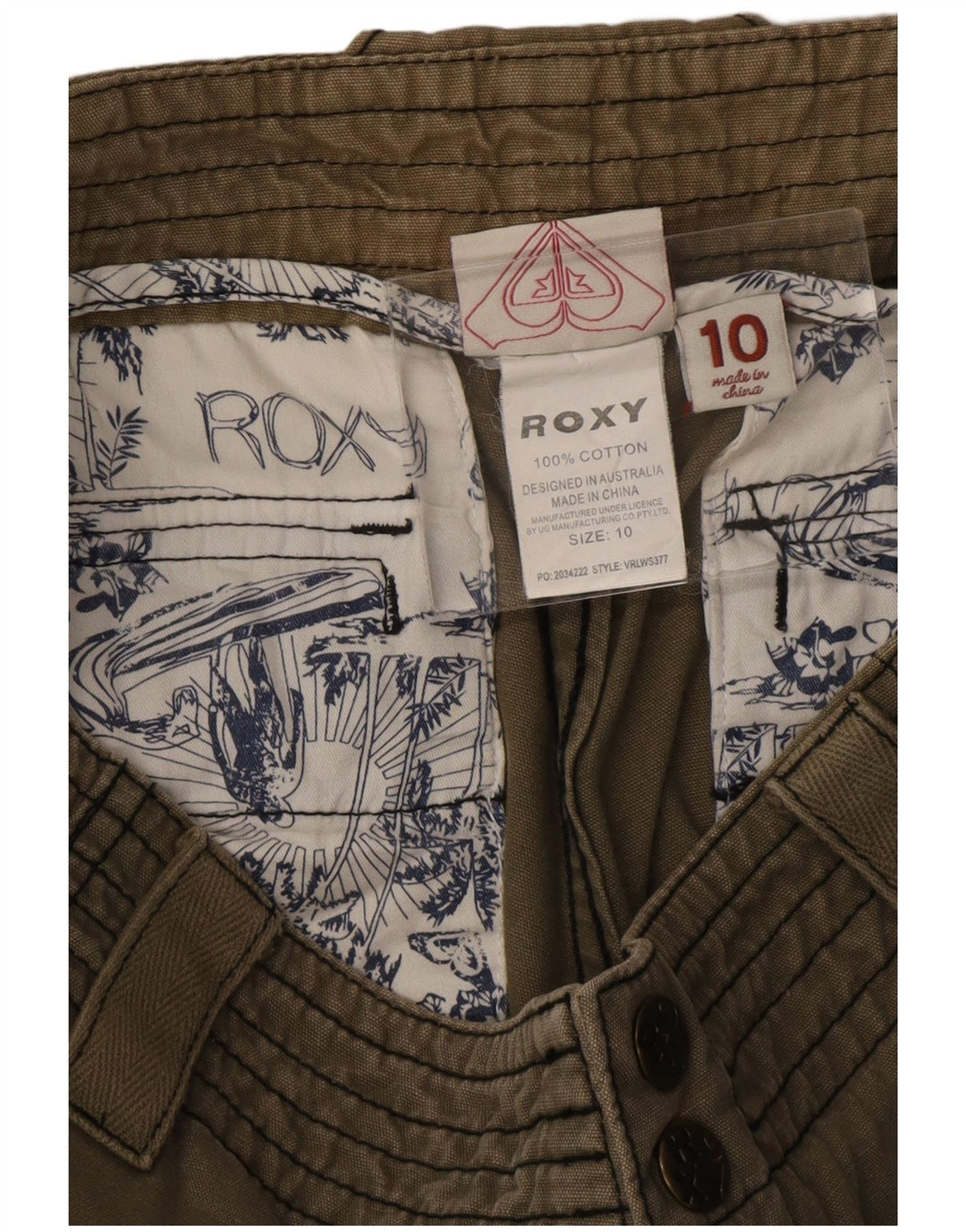 ROXY kvinders grafiske mellemhøjde cargo-shorts US 10 Large W29 Khaki Bomuld
