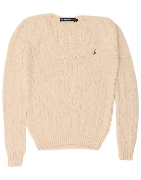 Ralph Lauren Dame V-hals sweater UK 10 Small Off White Bomuld