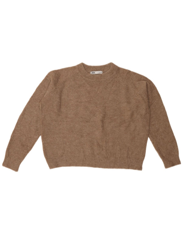 ZARA Womens Crop Crew Neck Jumper Sweater UK 16 Large Brown Nylon