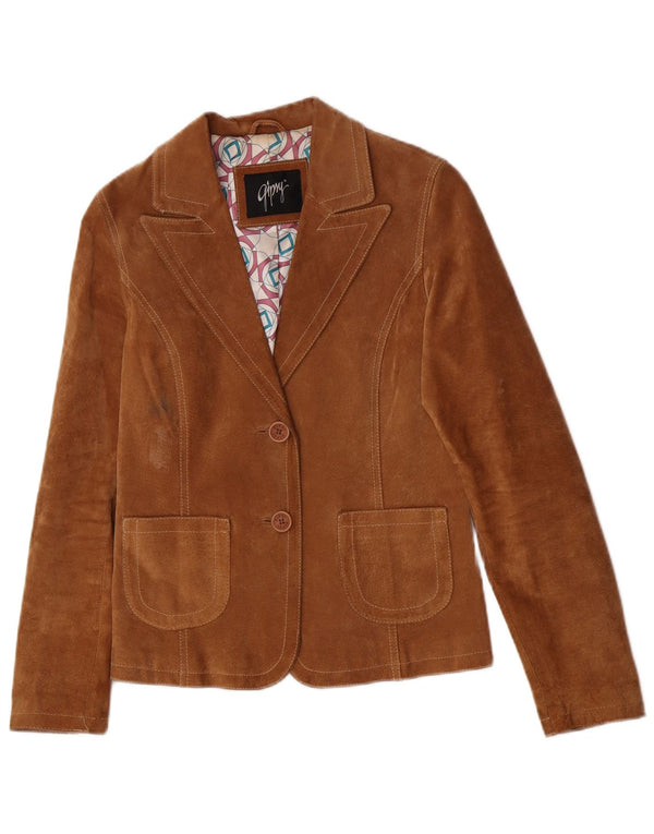 Gipsy Dame 2-knaps Ruskind Blazer Jacket UK 10 Lille brunt læder