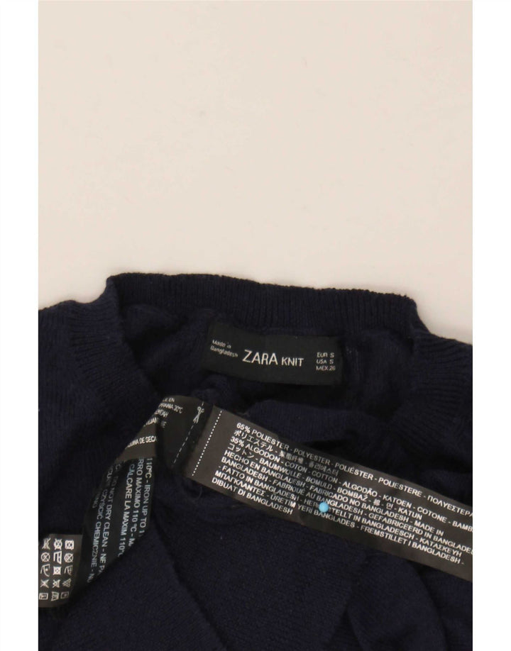 Zara Womens Crop Crew Neck Jumper Sweater UK 10 Small Navy Blue Polyester