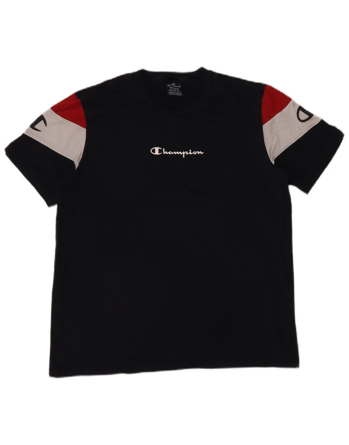 CHAMPION Kvinder grafisk T-shirt top UK 14 Medium Navy Blue Colourblock