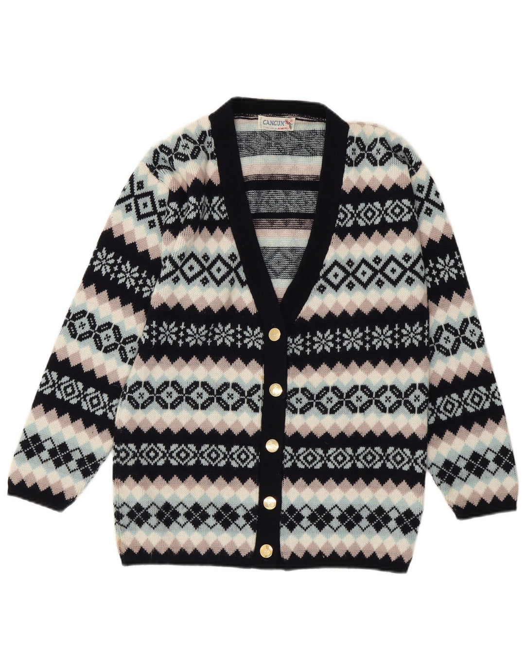 Cancun Dame Cardigan Sweater UK 16 Large Black Fair Isle Wool