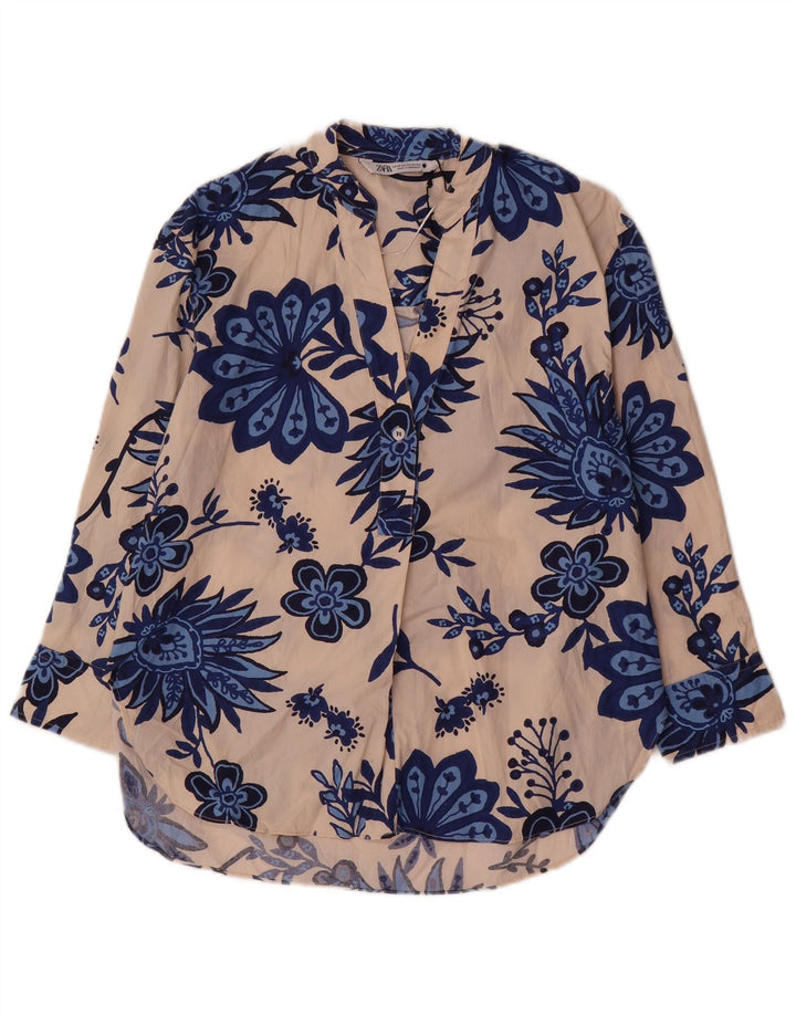 Zara Dame Oversized Pullover Shirt UK 6 XS Beige Floral Bomuld