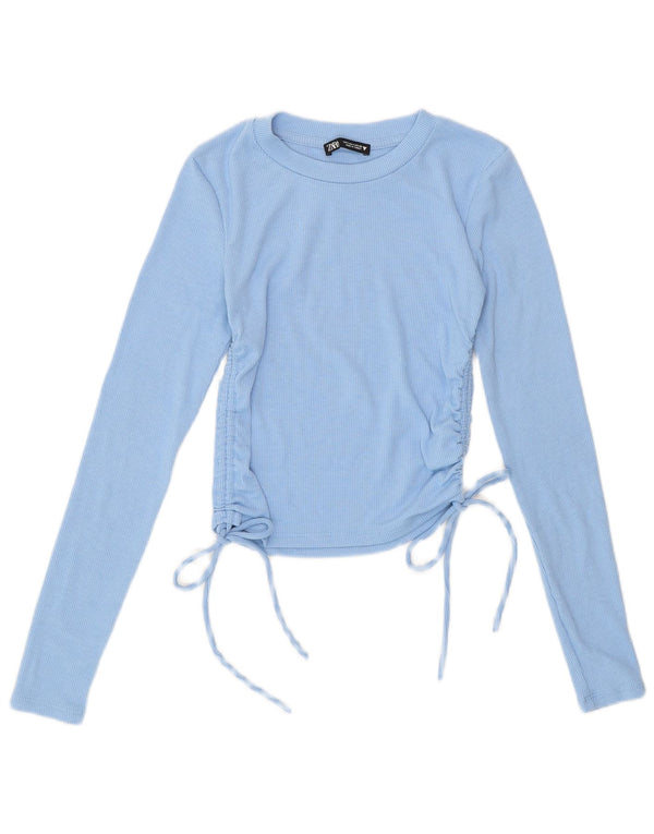 Zara Womens Crop Langærmet Bluse Top UK 8 Small Blue Polyester