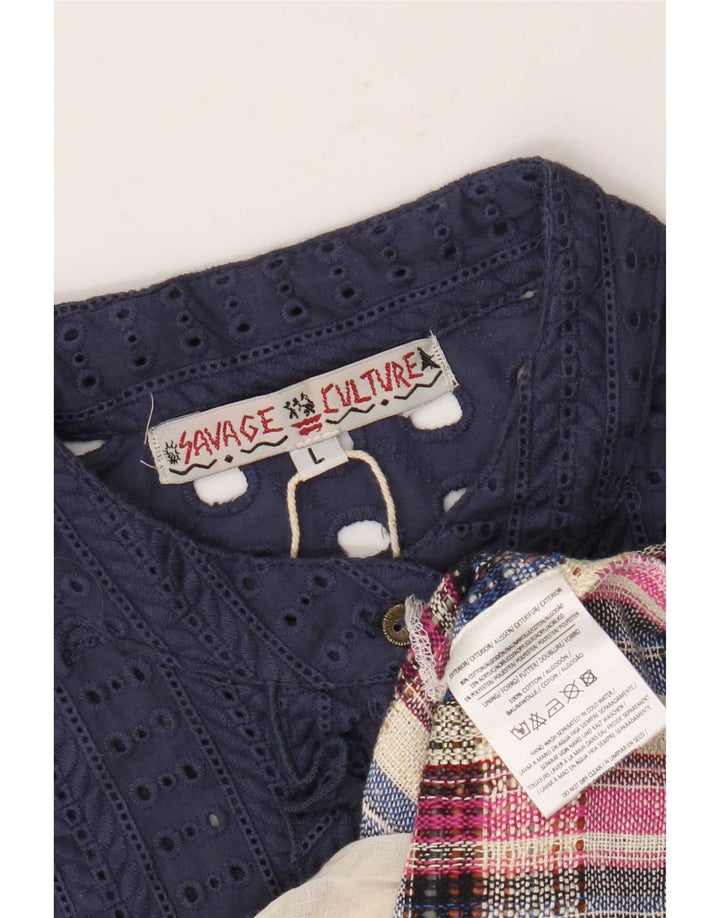 Vintage Dame Flæse Front Shift Dress UK 14 Large Navy Blue Patchwork