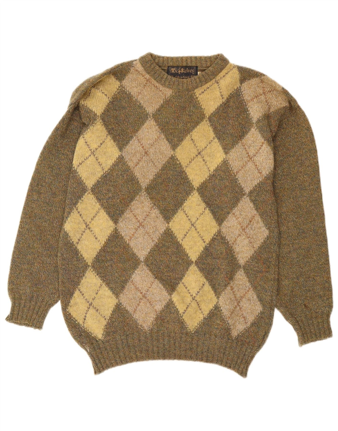 Vintage Herre Crew Neck Jumper Sweater UK 40 Medium Khaki Argyle/Diamond