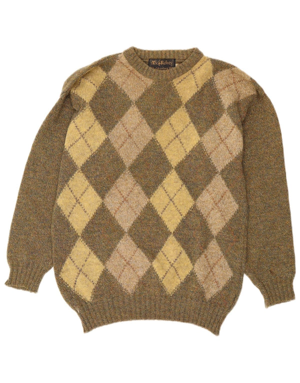 Vintage Herre Crew Neck Jumper Sweater UK 40 Medium Khaki Argyle/Diamond